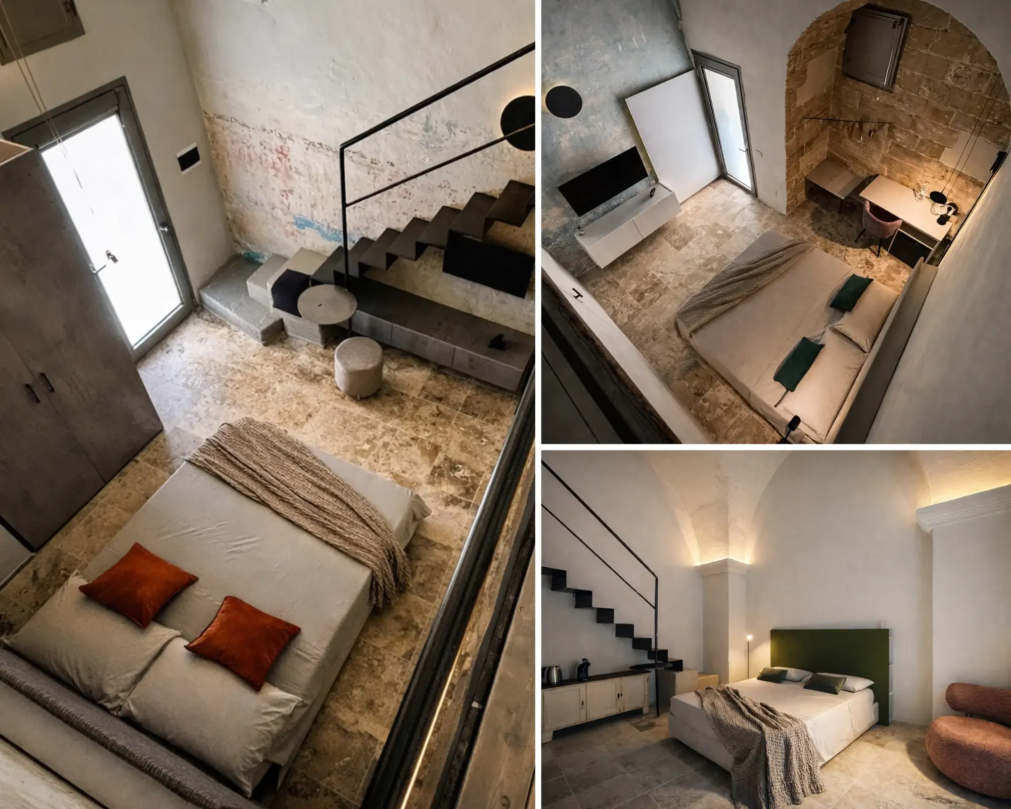 Collage interni di Terracata Rooms ad Alezio, vicino Gallipoli – camere vacanza moderne con soffitti a volta salentini, soppalco con scala i